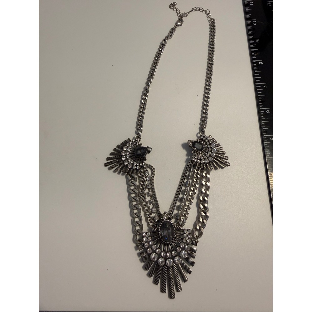 Silver‎ Tone Rhinestone Multi Chain Statement Bib Necklace Antiqued Boho Glam